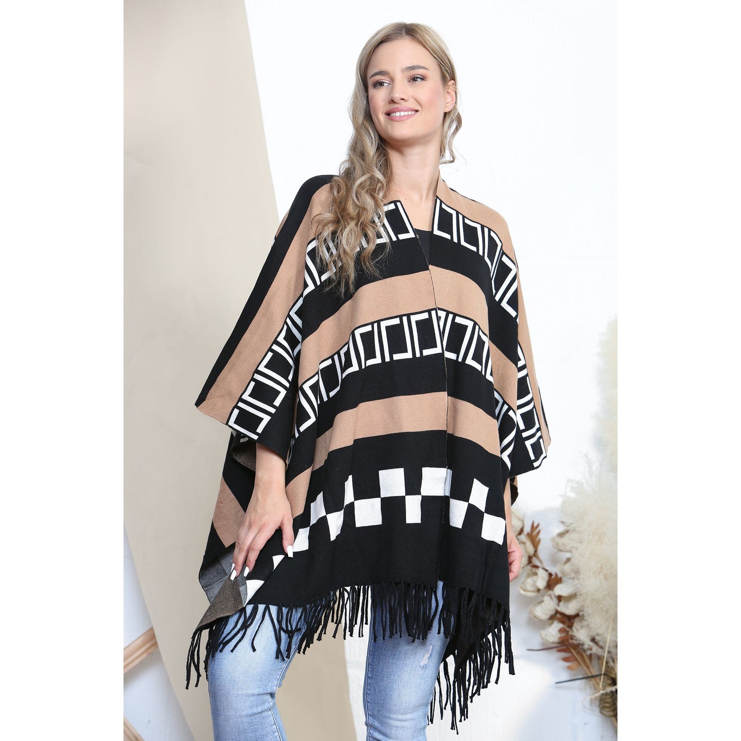 Pattered Poncho With Tassels