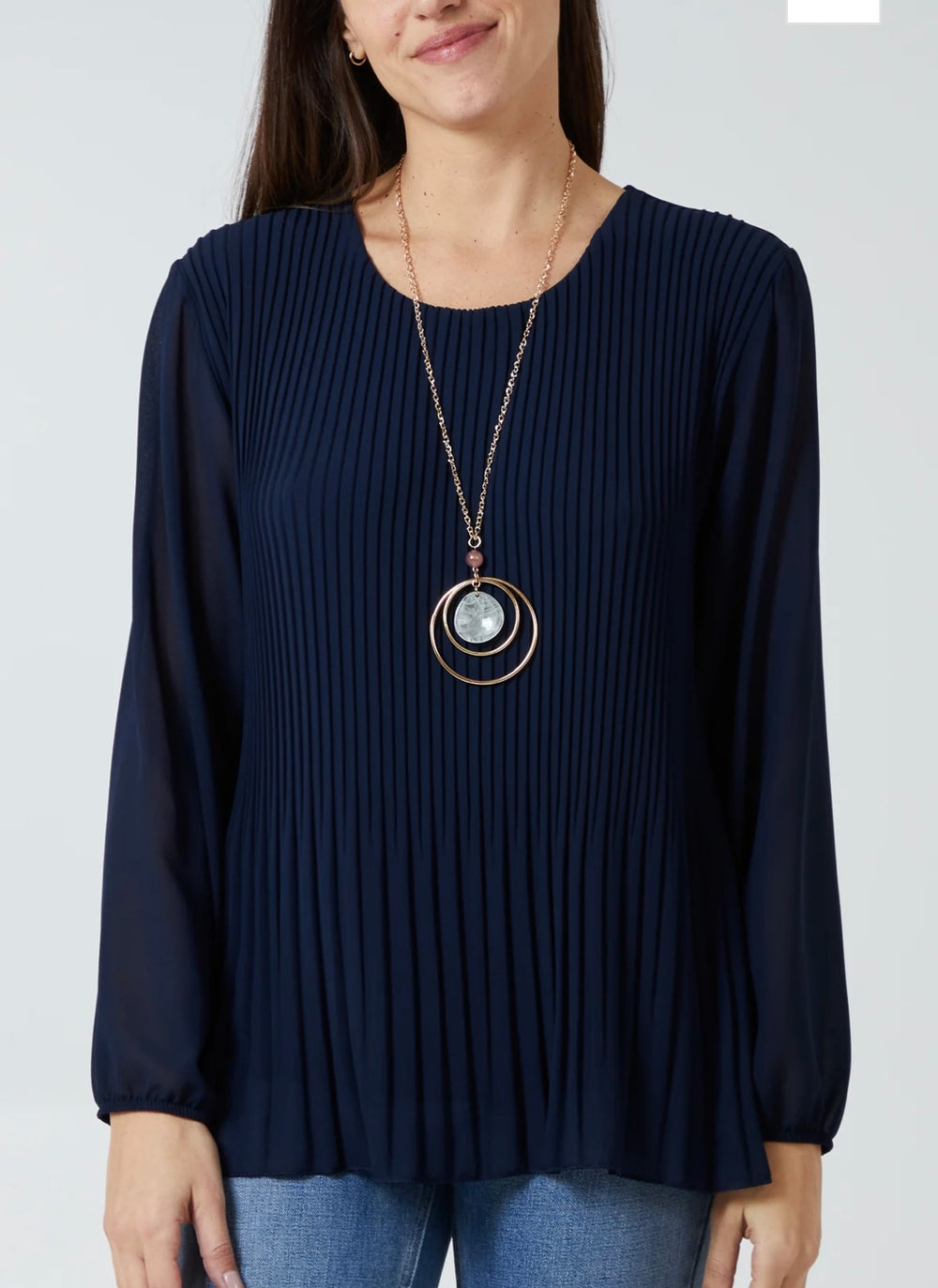 Pleated Long Sleeve Necklace Top