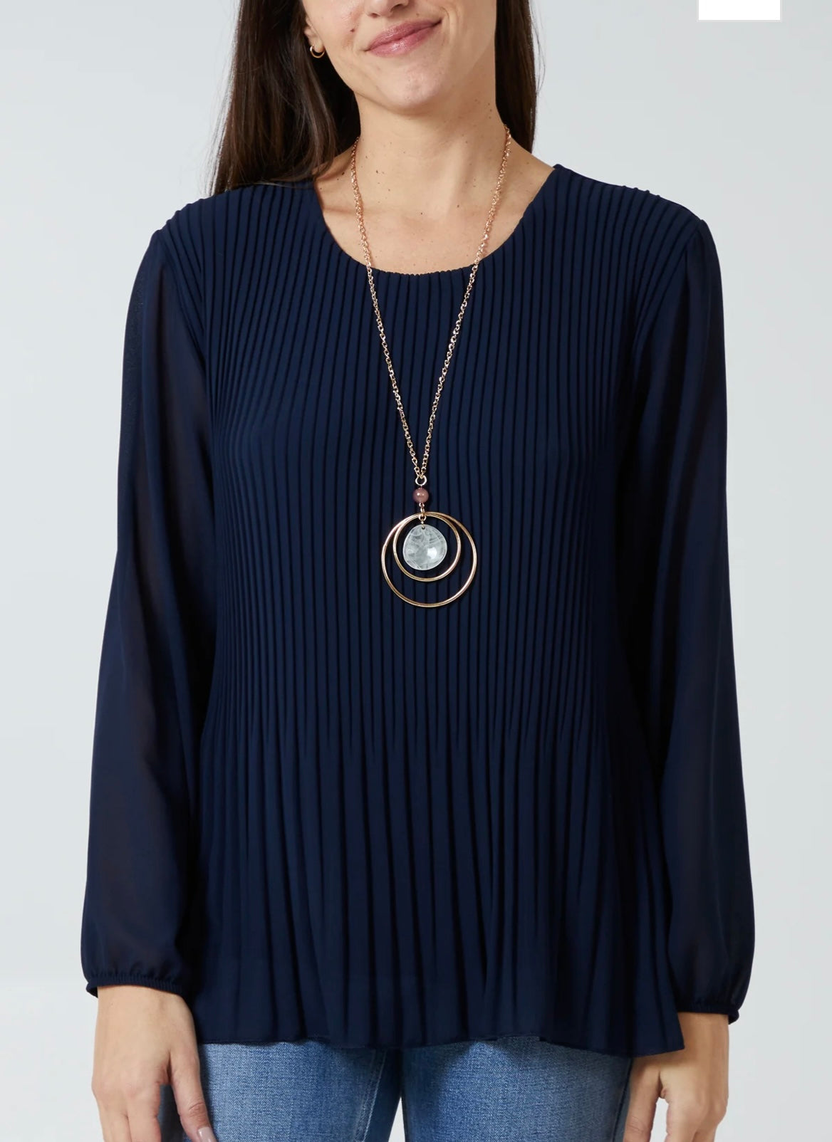 Pleated Long Sleeve Necklace Top