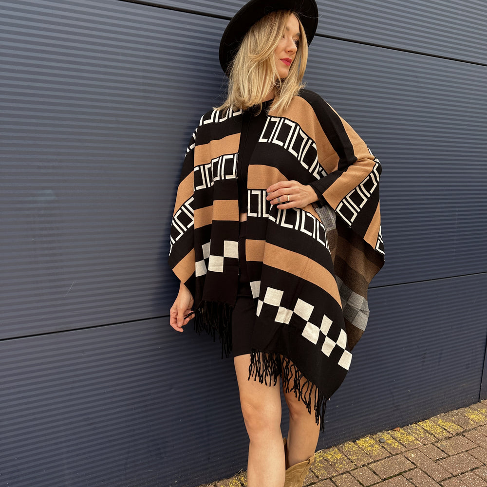 Pattered Poncho With Tassels