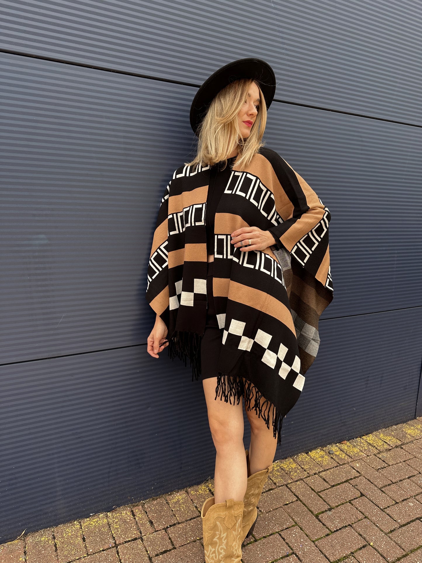 Pattered Poncho With Tassels