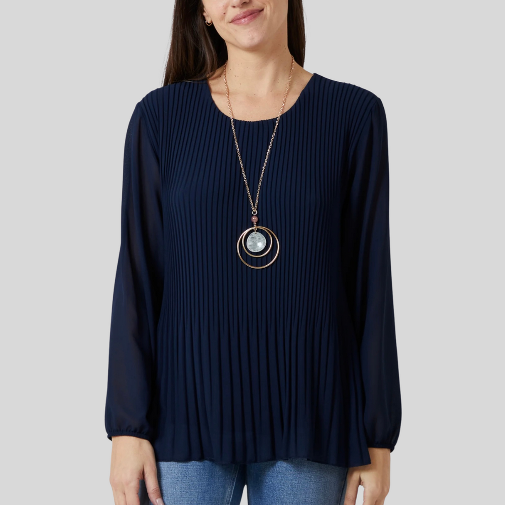 Pleated Long Sleeve Necklace Top, Navy