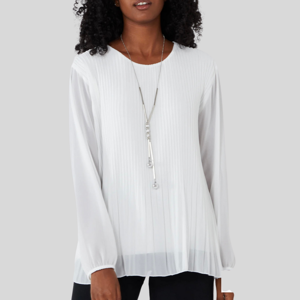 Pleated Long Sleeve Necklace Top, White